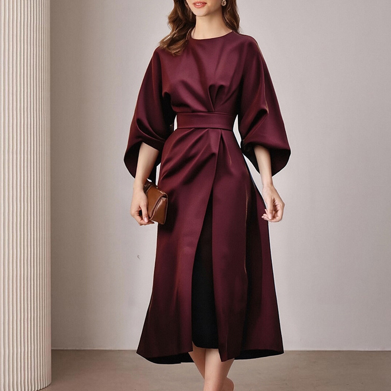 Fashionable Casual Everyday Commuter Solid-color Crew-neck Lace-up Dress - Image 3