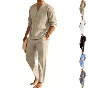 Casual Men's Henley Long-Sleeve Straight-Leg Pants Set