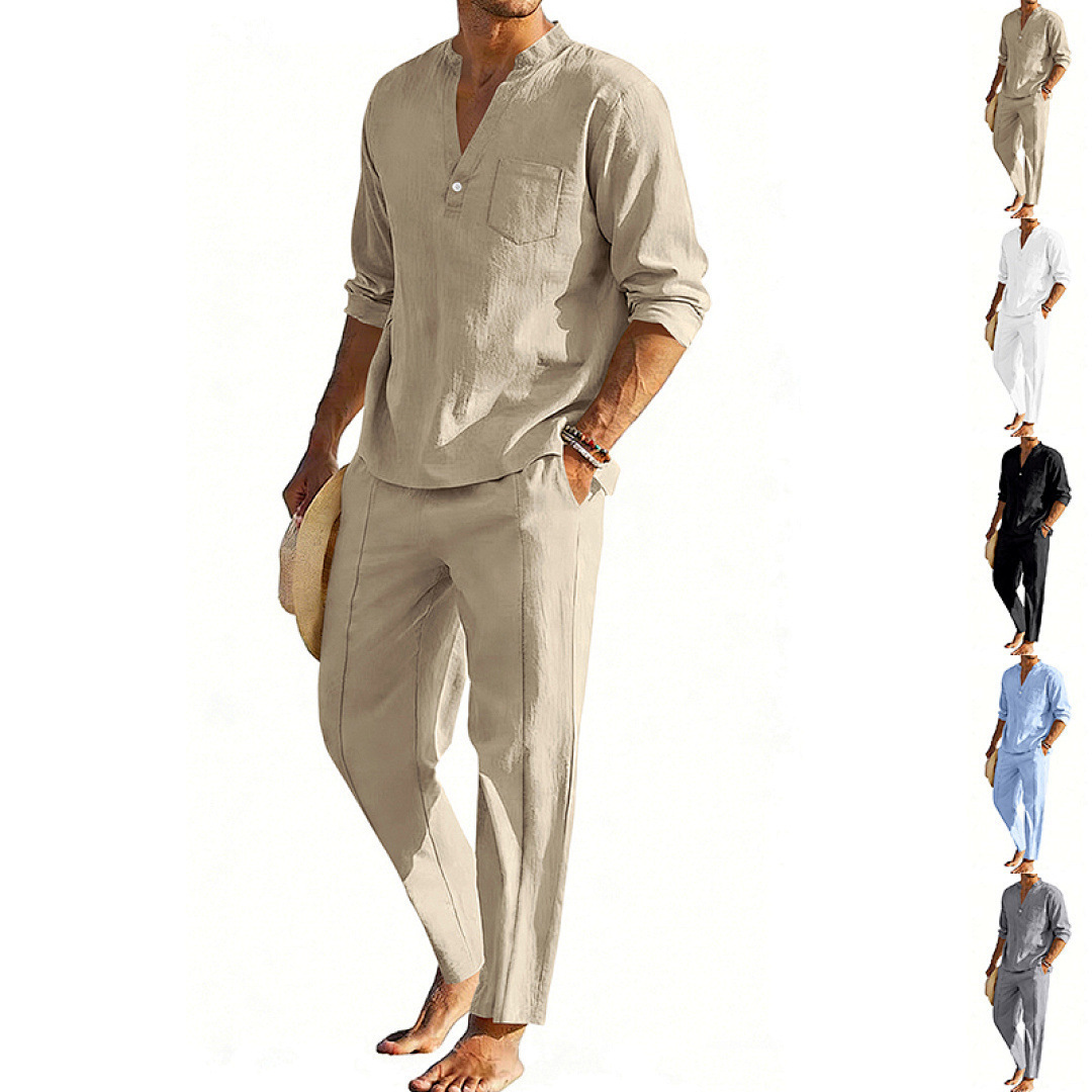 Casual Men's Henley Long-Sleeve Straight-Leg Pants Set
