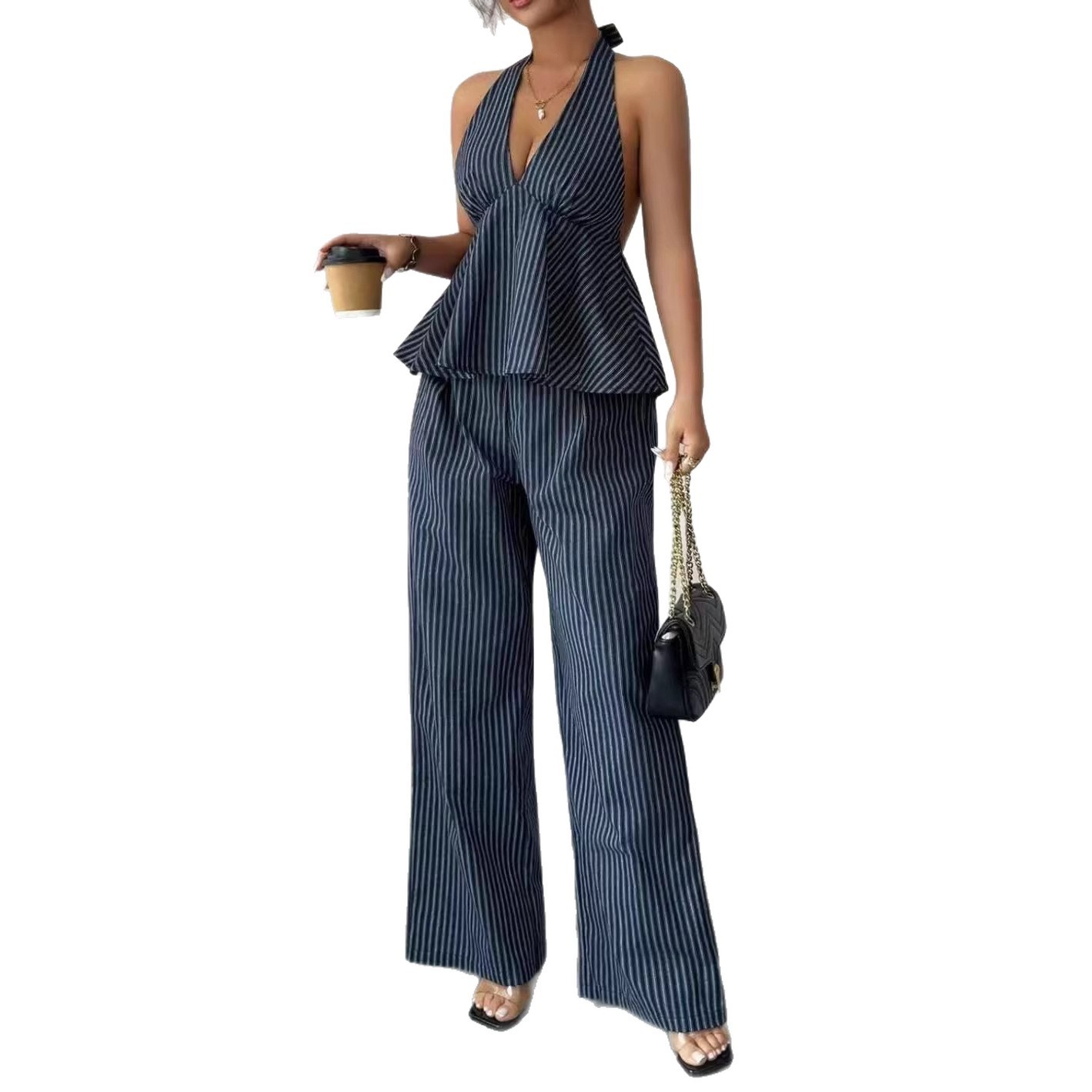 Sexy Backless Halter Jumpsuit And Straight Pants Fashionable Casual Set - Image 2