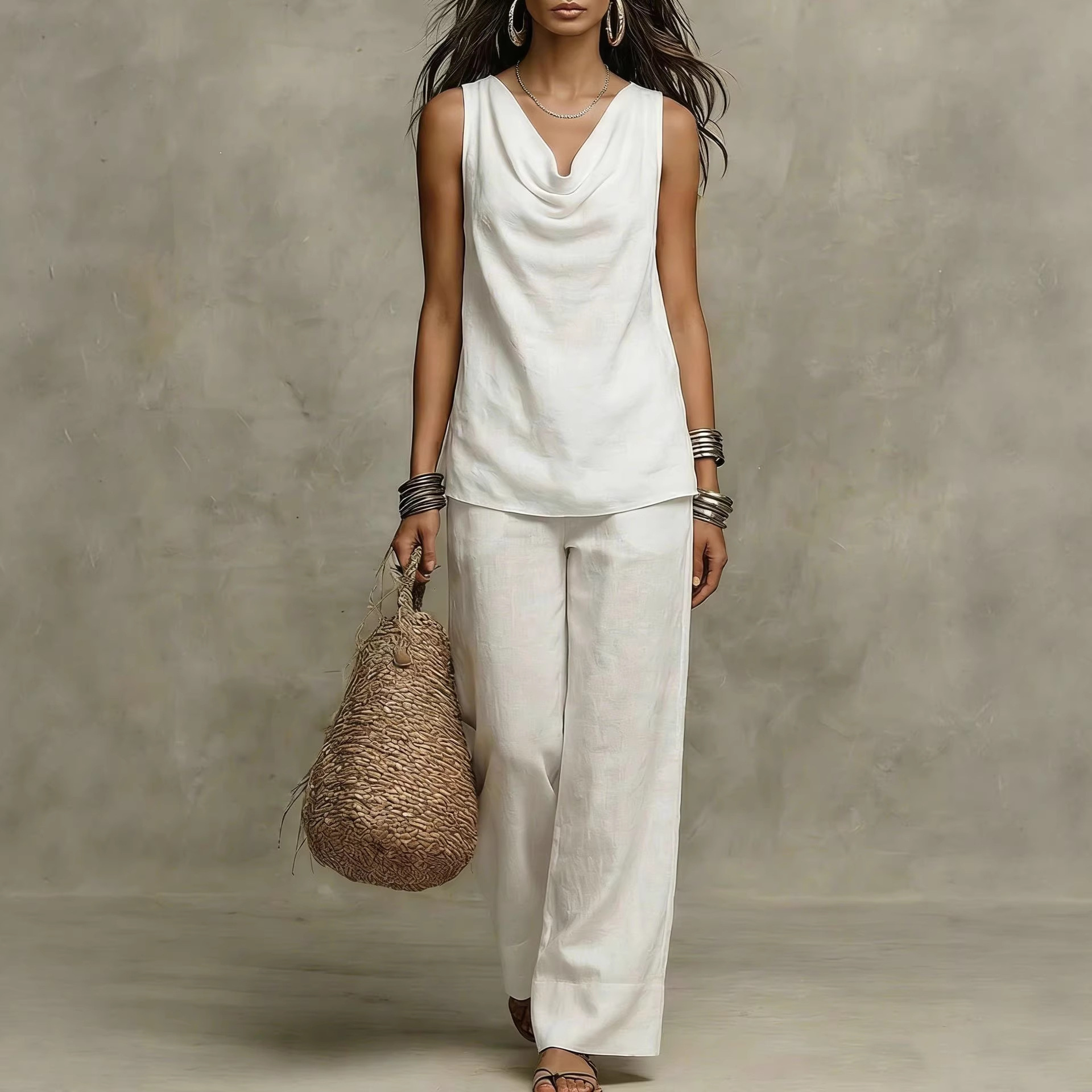 Womens Slash-Neck Sleeveless Tank Top And Casual Pants Set