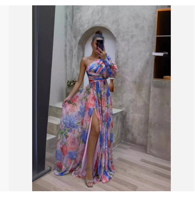 Floral Print Split Maxi Dress Fashion Sexy One-shoulder Long-sleeved Dresses Summer Beach Clothing For Women - Image 8