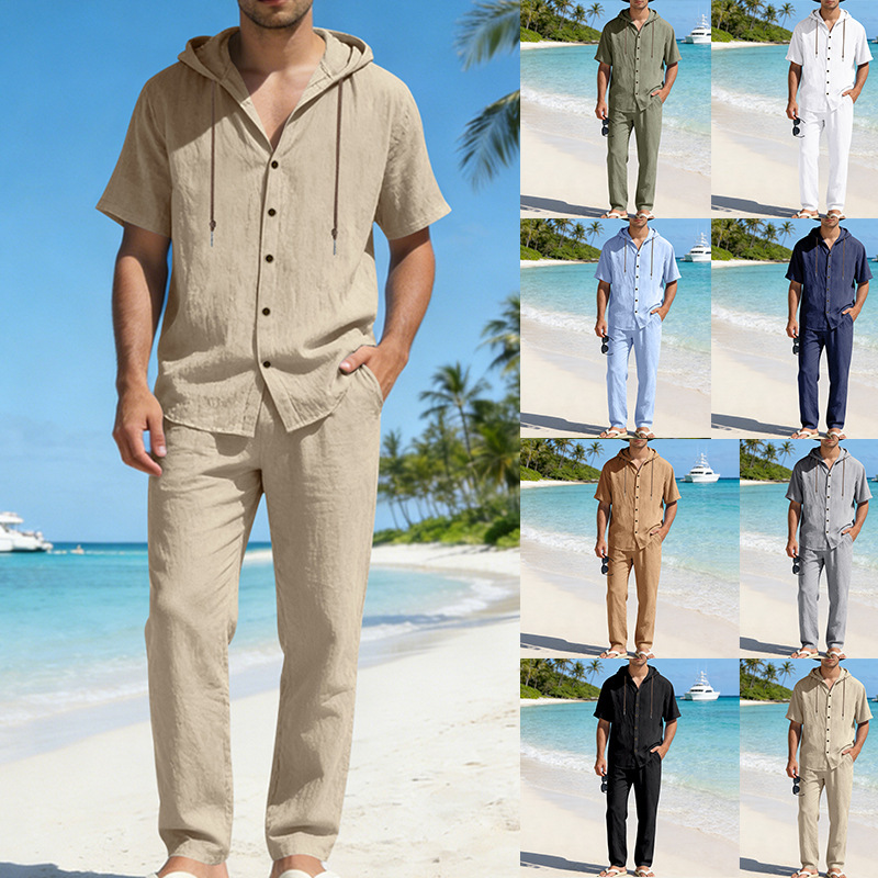 Men's Summer Loose Casual Hooded Short-Sleeve Shirt Set