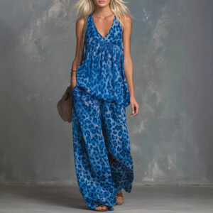 Womens Loose-Fitting Leopard-Print Sleeveless Top And Chiffon Pants Set