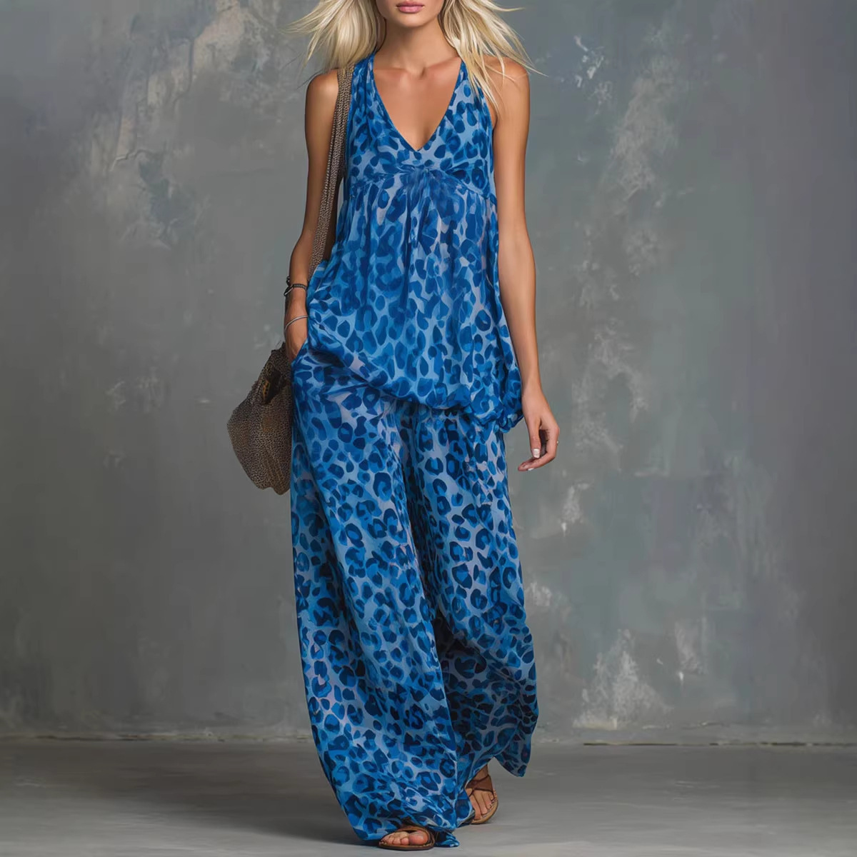 Womens Loose-Fitting Leopard-Print Sleeveless Top And Chiffon Pants Set