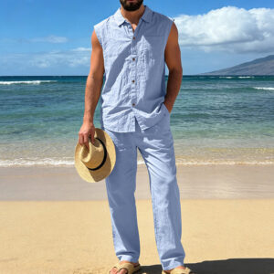 Mens Loose Linen Casual Sleeveless Shirt And Straight-Leg Pants Set