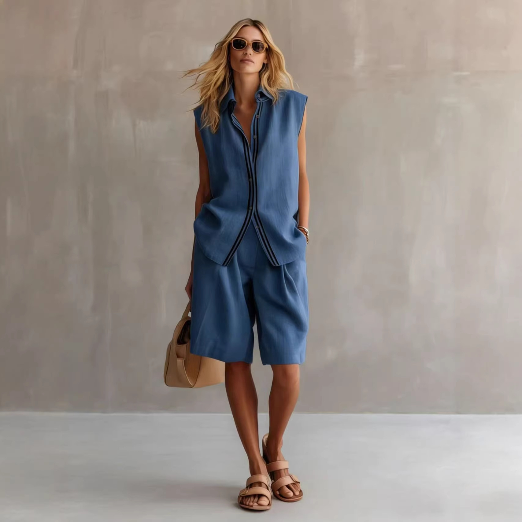 Single-breasted Sleeveless Linen Shirt And Shorts Set - Image 6