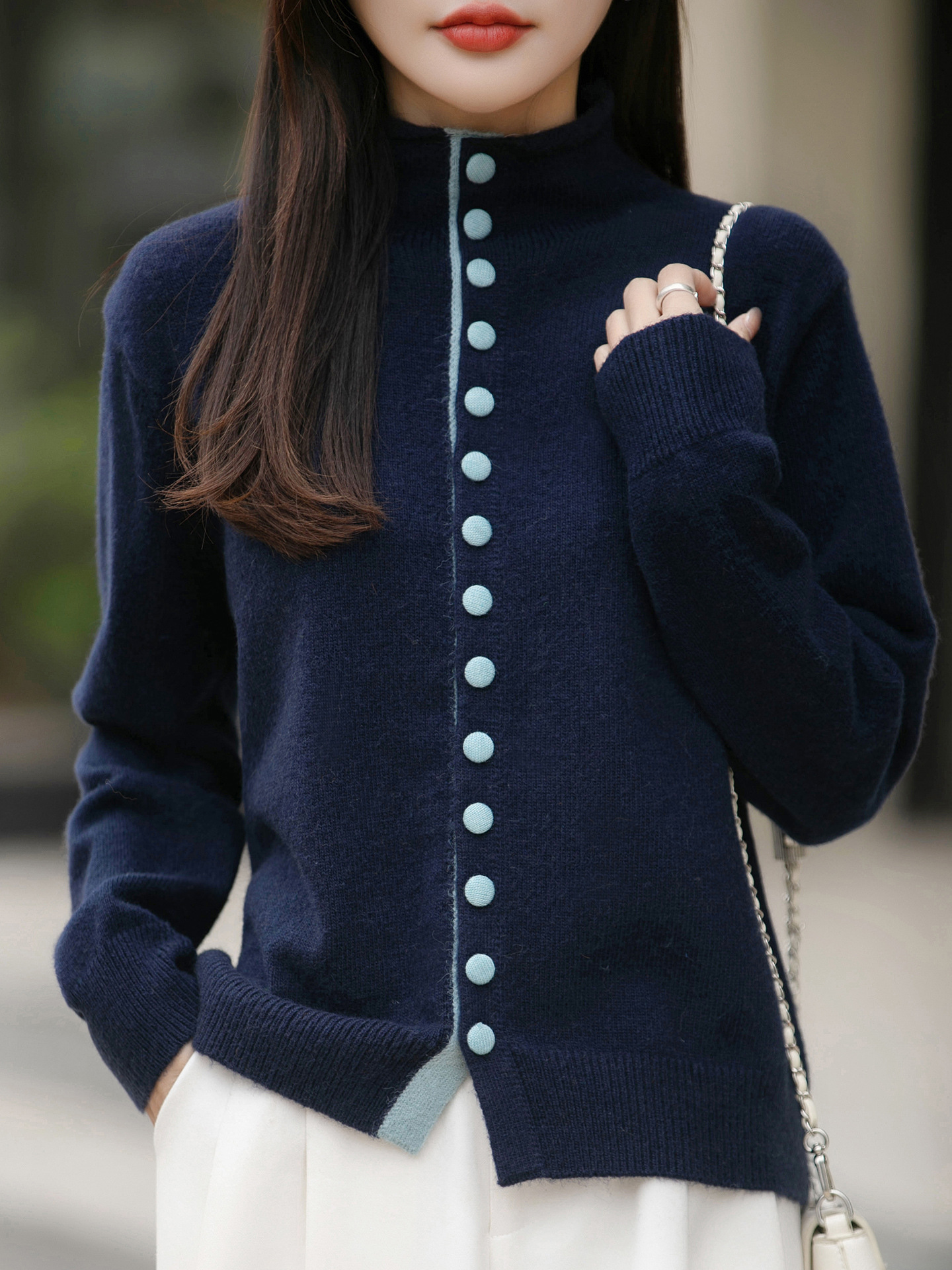 Old Money Style Color-Block Knitted Cardigan Womens Chic Contrasting Color Sweater Coat - Image 7