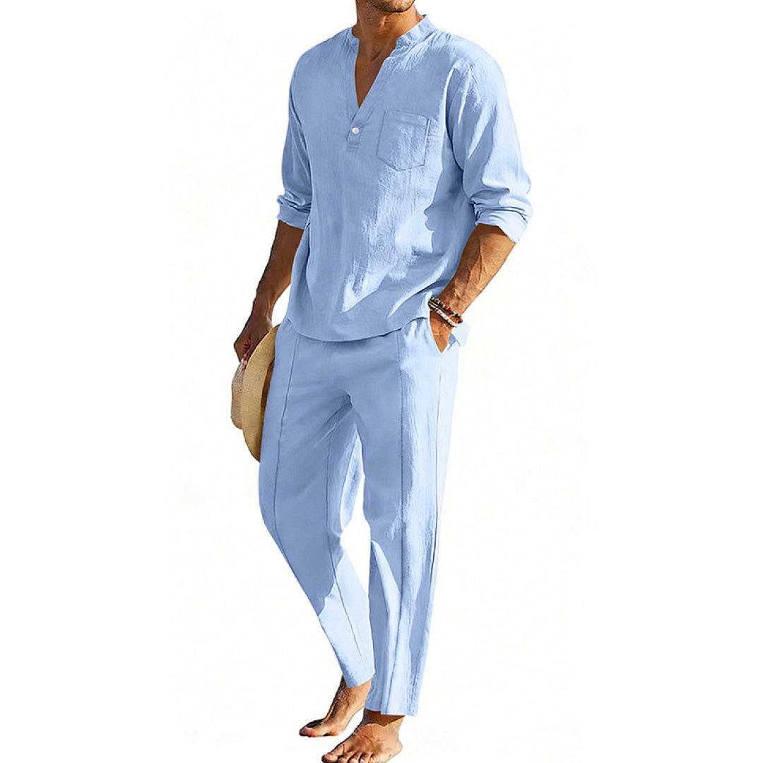 Casual Men's Henley Long-Sleeve Straight-Leg Pants Set - Image 7