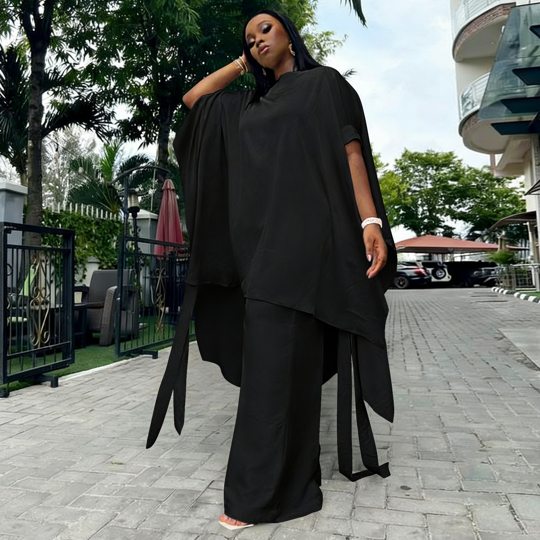 Set Stylish Shawl-Style Top And Workwear Wide-Leg Pants - Image 4