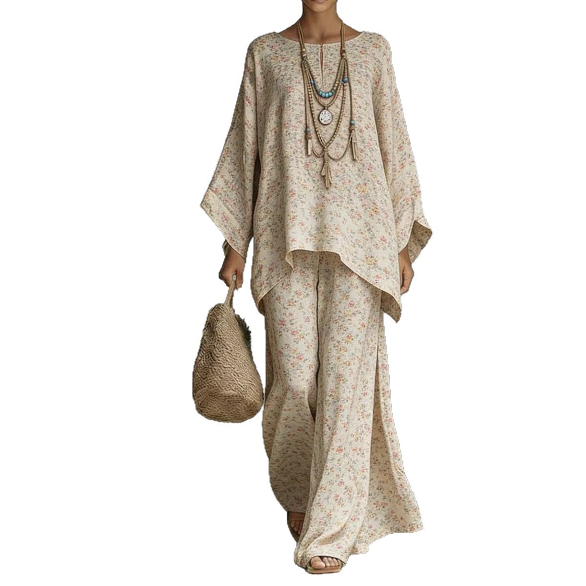 Women's Floral Print Linen Wide-Leg Two-Piece Set - Image 9