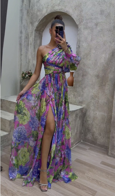 Floral Print Split Maxi Dress Fashion Sexy One-shoulder Long-sleeved Dresses Summer Beach Clothing For Women - Image 6