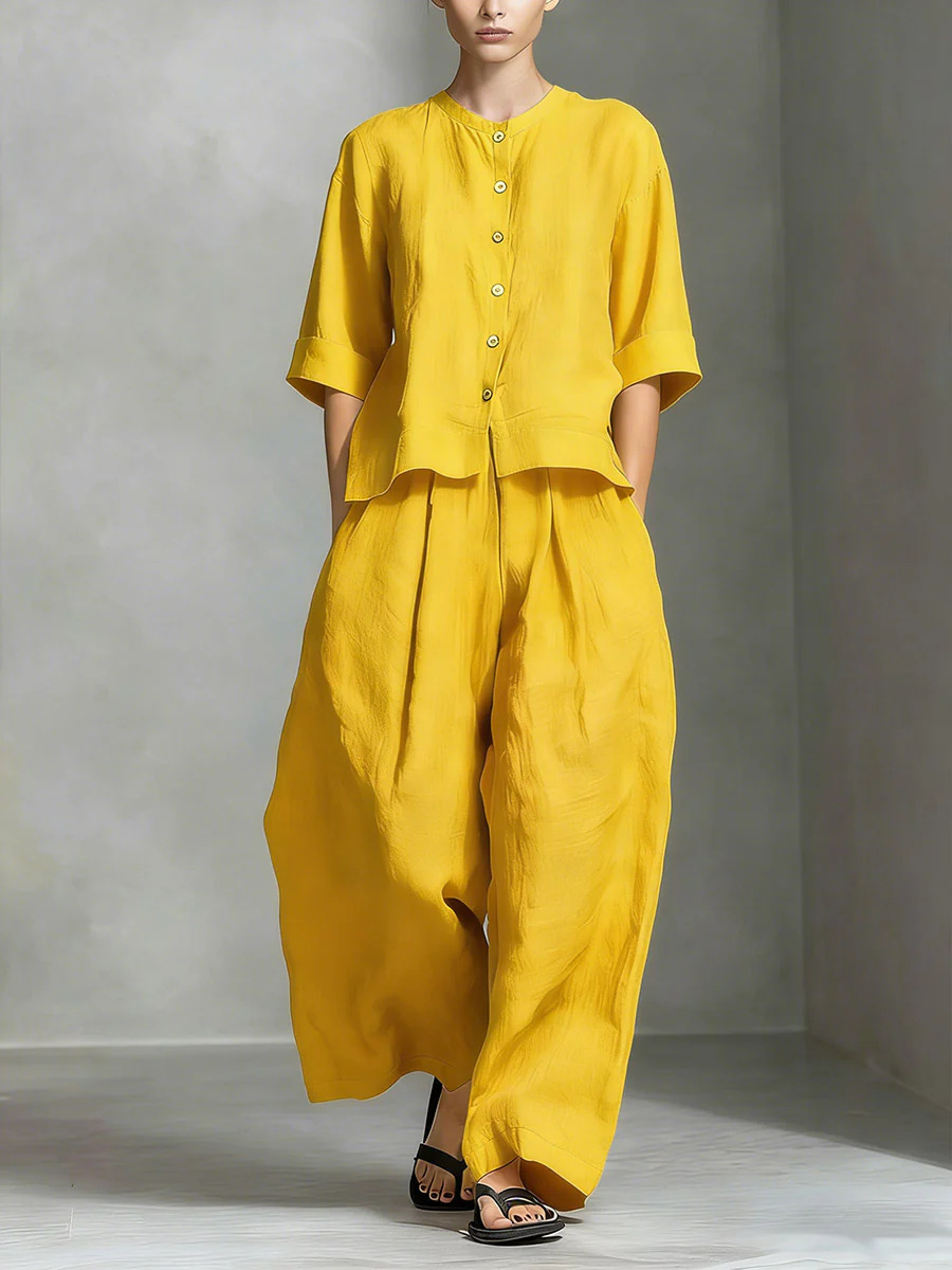 Solid-color Cotton-linen Shirt And Loose-fitting Trousers Two-piece Set - Image 9