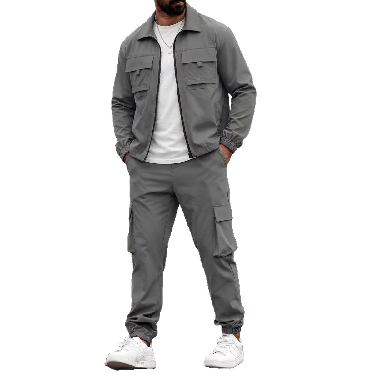 Mens Long-Sleeve Zip-Up Top And Pants Casual Workwear Set - Image 7