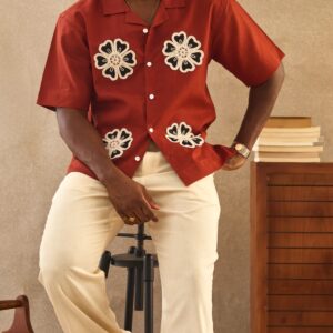 Men's Rust Red Floral Crochet Camp Collar Short Sleeve Shirt