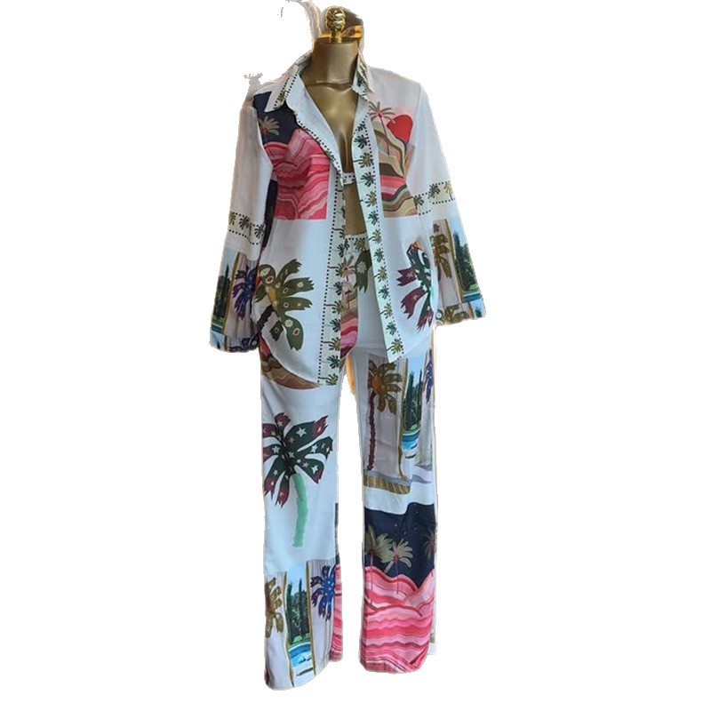 Printed Long-sleeve Shirt Bralette And Wide-leg Pants Three-piece Set - Image 4