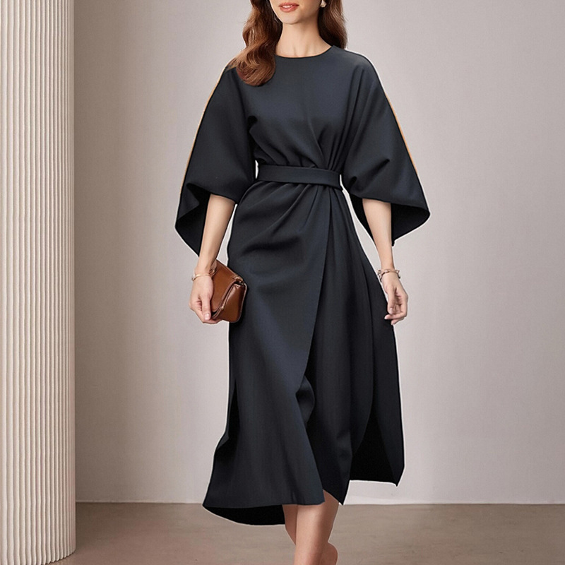 Fashionable Casual Everyday Commuter Solid-color Crew-neck Lace-up Dress - Image 6