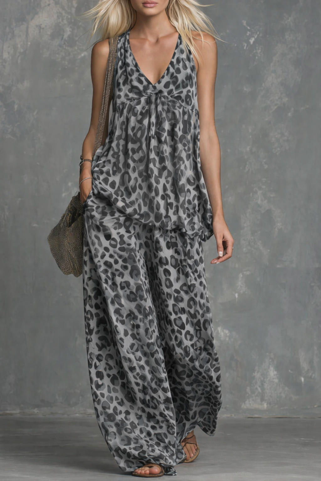 Womens Loose-Fitting Leopard-Print Sleeveless Top And Chiffon Pants Set - Image 7