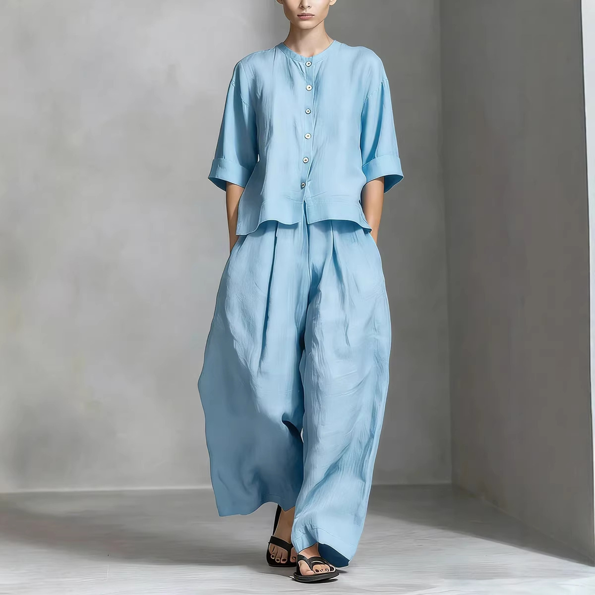 Solid-color Cotton-linen Shirt And Loose-fitting Trousers Two-piece Set - Image 2