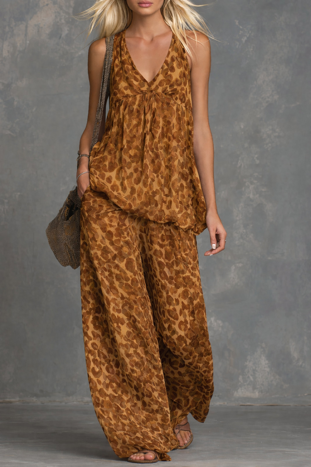 Womens Loose-Fitting Leopard-Print Sleeveless Top And Chiffon Pants Set - Image 8
