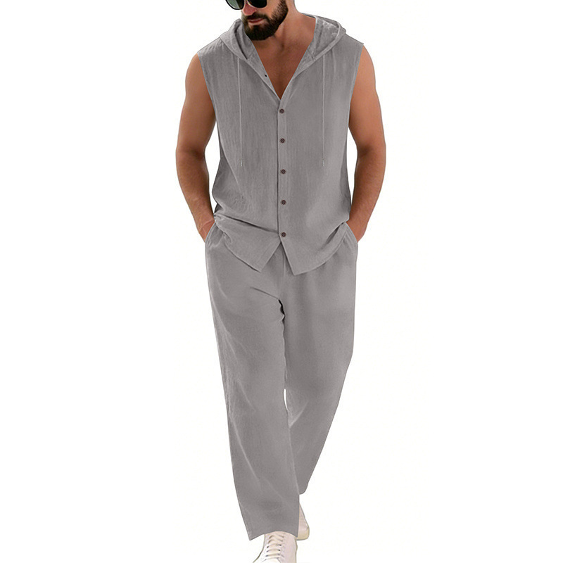 Loose-fitting Casual Hooded Sleeveless Shirt And Pants Set - Image 9
