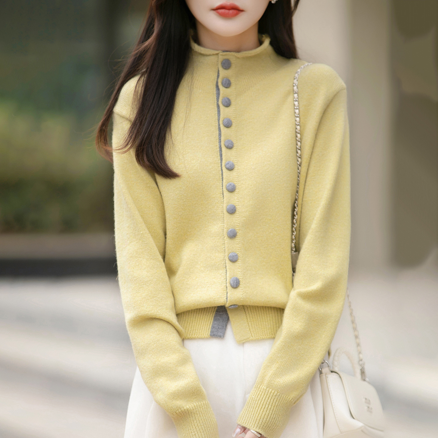 Old Money Style Color-Block Knitted Cardigan Womens Chic Contrasting Color Sweater Coat - Image 2