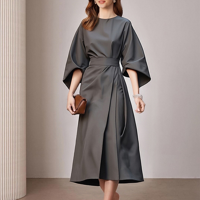 Fashionable Casual Everyday Commuter Solid-color Crew-neck Lace-up Dress - Image 7