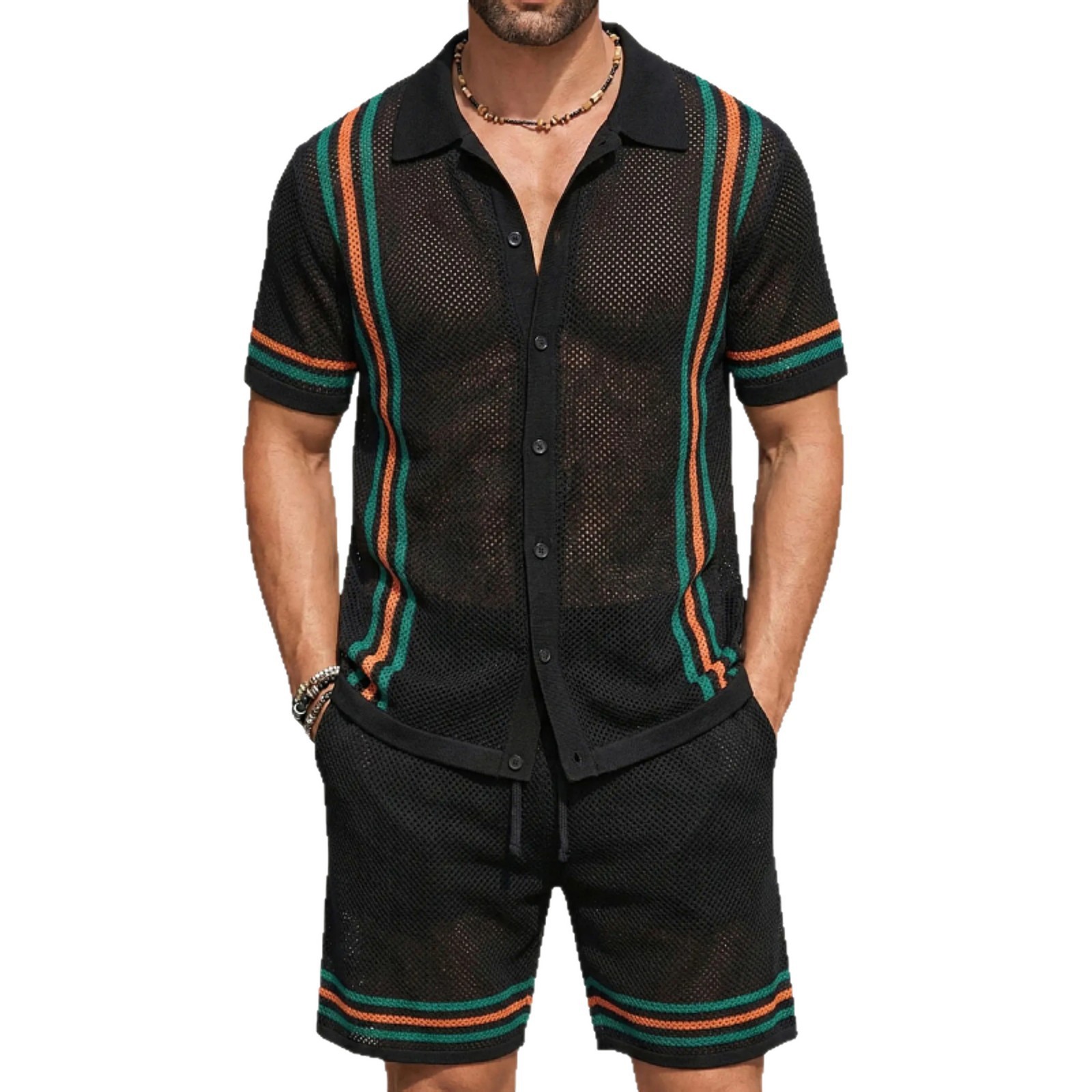 Men's Hollow-Out Short-Sleeve Knitted Sweater Set - Image 3