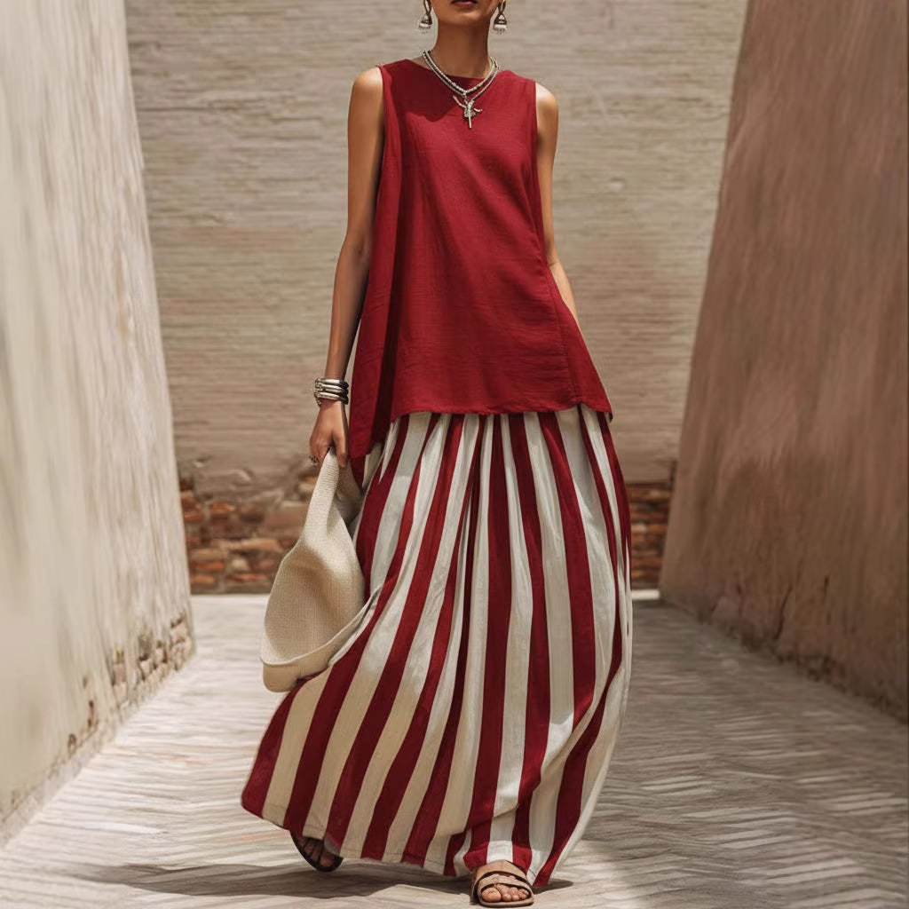 Sleeveless Striped Fashionable Vacation Set