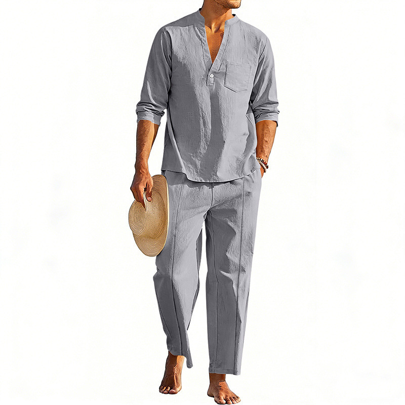 Casual Men's Henley Long-Sleeve Straight-Leg Pants Set - Image 8