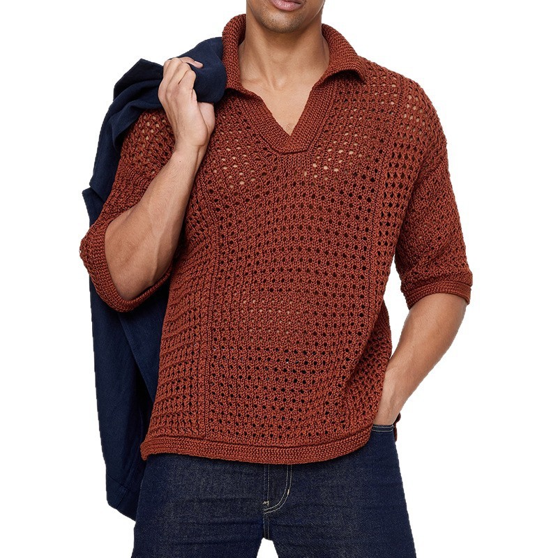 Hollow-out Mesh Knitted Short-Sleeve Polo Shirt T-Shirt - Image 2