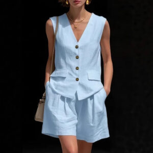 Womens Simple Elegant Cotton-Linen Vest Top And Shorts Two-Piece Set