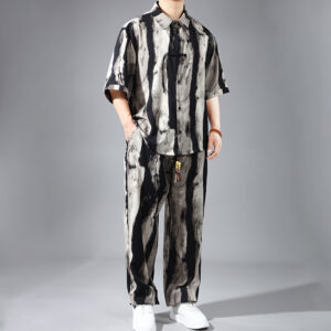 Mens Slim-fit Ice Silk Shirt And Pants Two-piece Set With Chinese-style Knot Buttons
