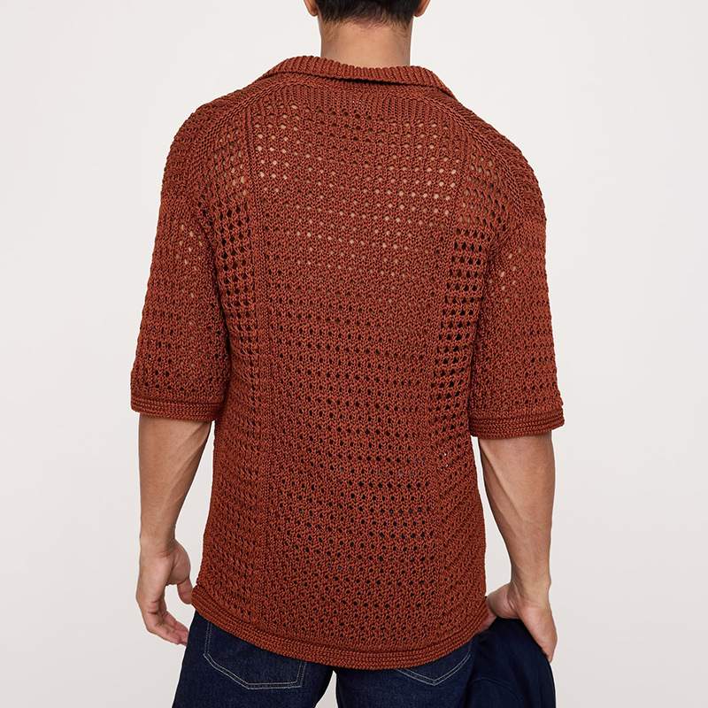 Hollow-out Mesh Knitted Short-Sleeve Polo Shirt T-Shirt - Image 3