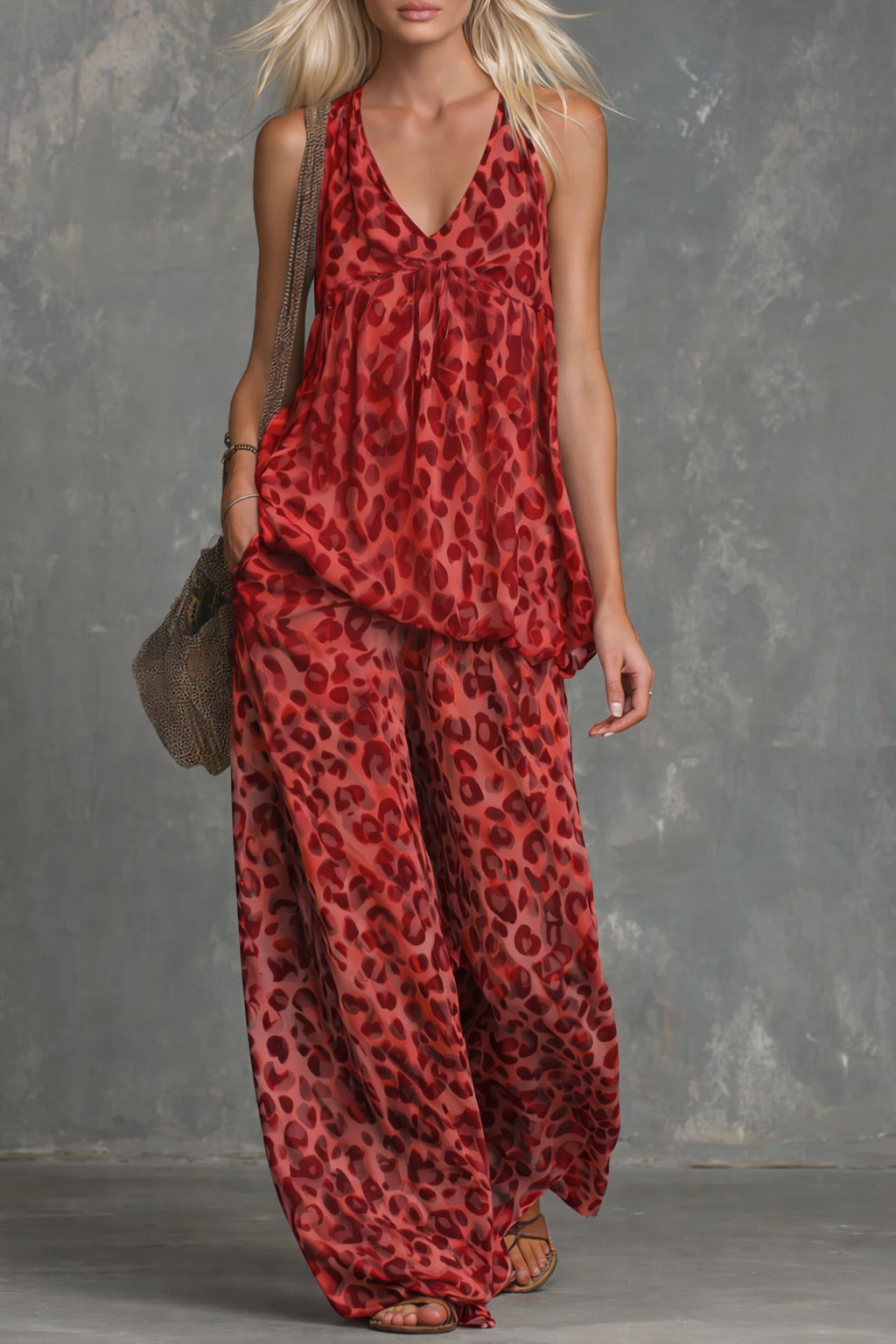 Womens Loose-Fitting Leopard-Print Sleeveless Top And Chiffon Pants Set - Image 2