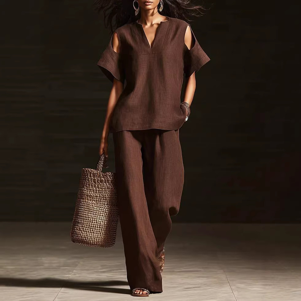 Womens Solid-Colored V-Neck Straight-Leg Pants Short-Sleeve Set With Ripped Details - Image 8
