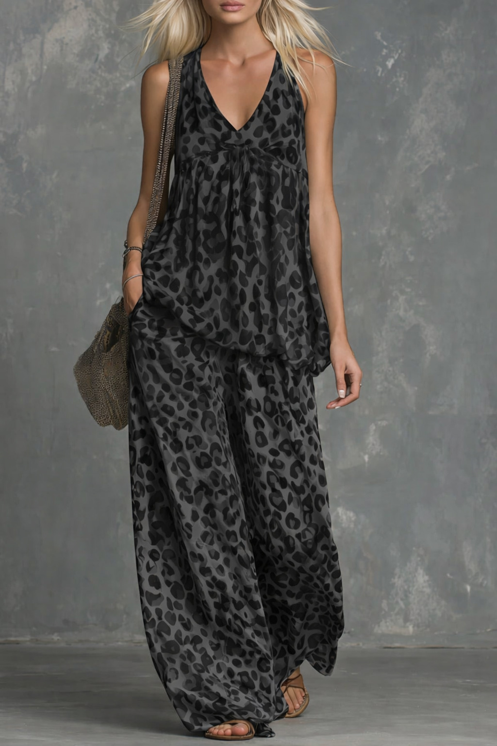 Womens Loose-Fitting Leopard-Print Sleeveless Top And Chiffon Pants Set - Image 10