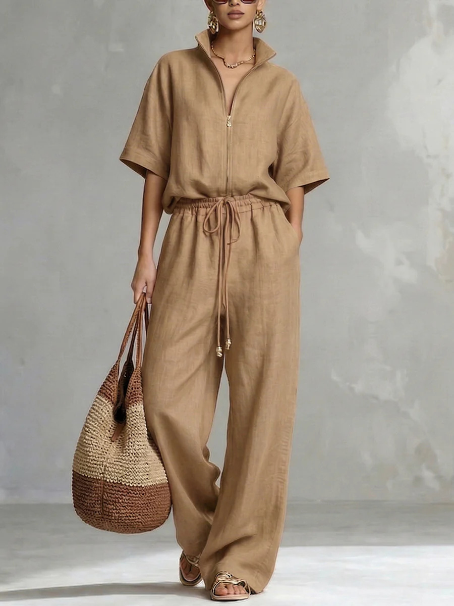 Womens Casual Loose Solid-Color Zip-Up Crew-Neck Wide-Leg Pants Set - Image 5