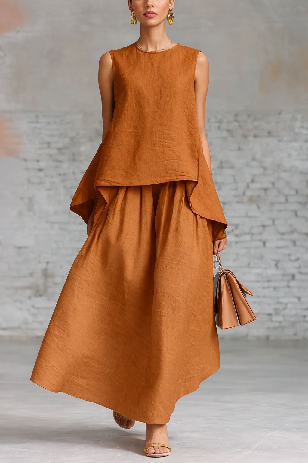 Elastic-waist Sleeveless Top With An Asymmetrical Hem And A Pleated Maxi Skirt - Image 3