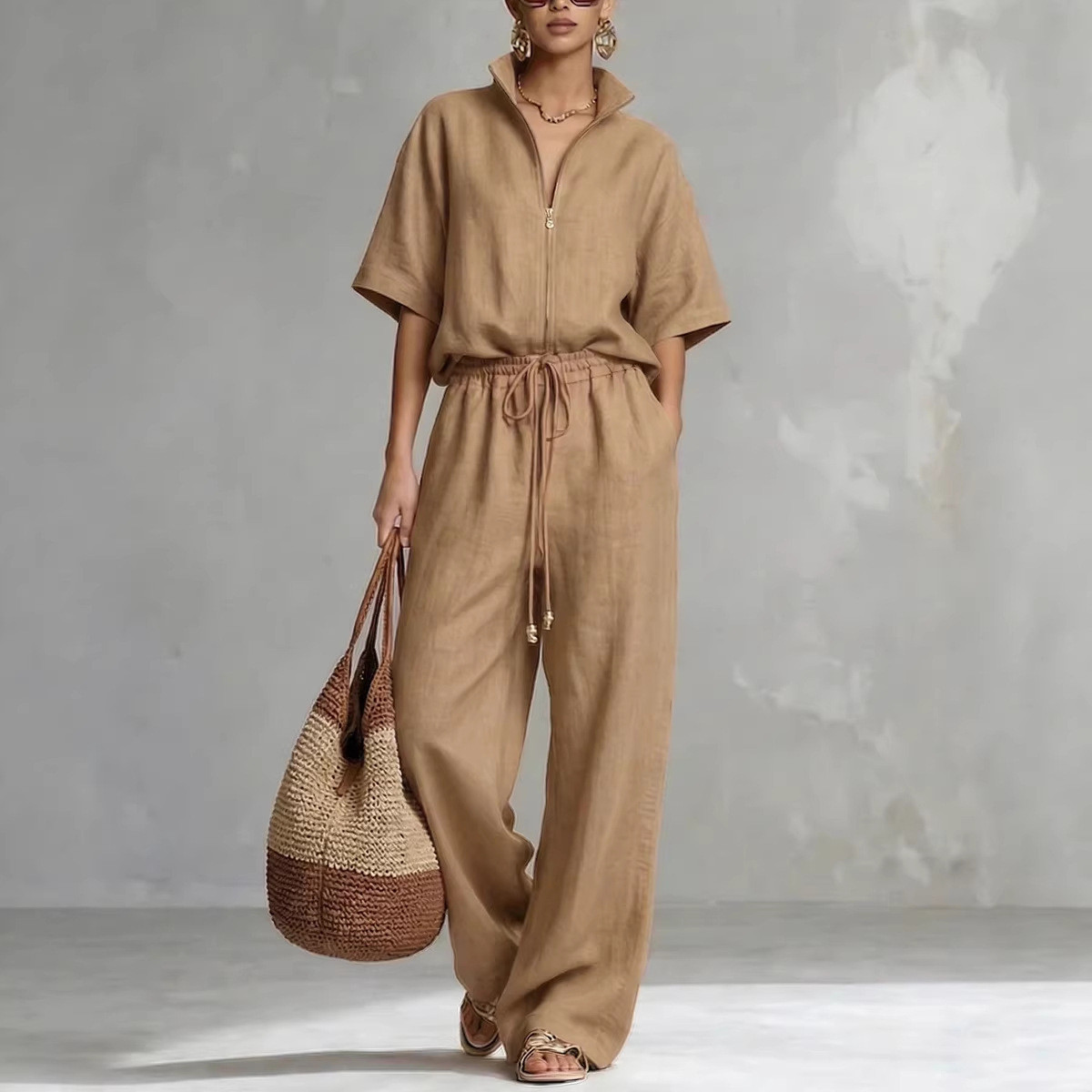 Womens Casual Loose Solid-Color Zip-Up Crew-Neck Wide-Leg Pants Set - Image 9