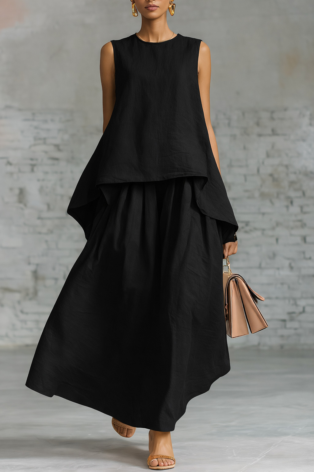Elastic-waist Sleeveless Top With An Asymmetrical Hem And A Pleated Maxi Skirt - Image 4