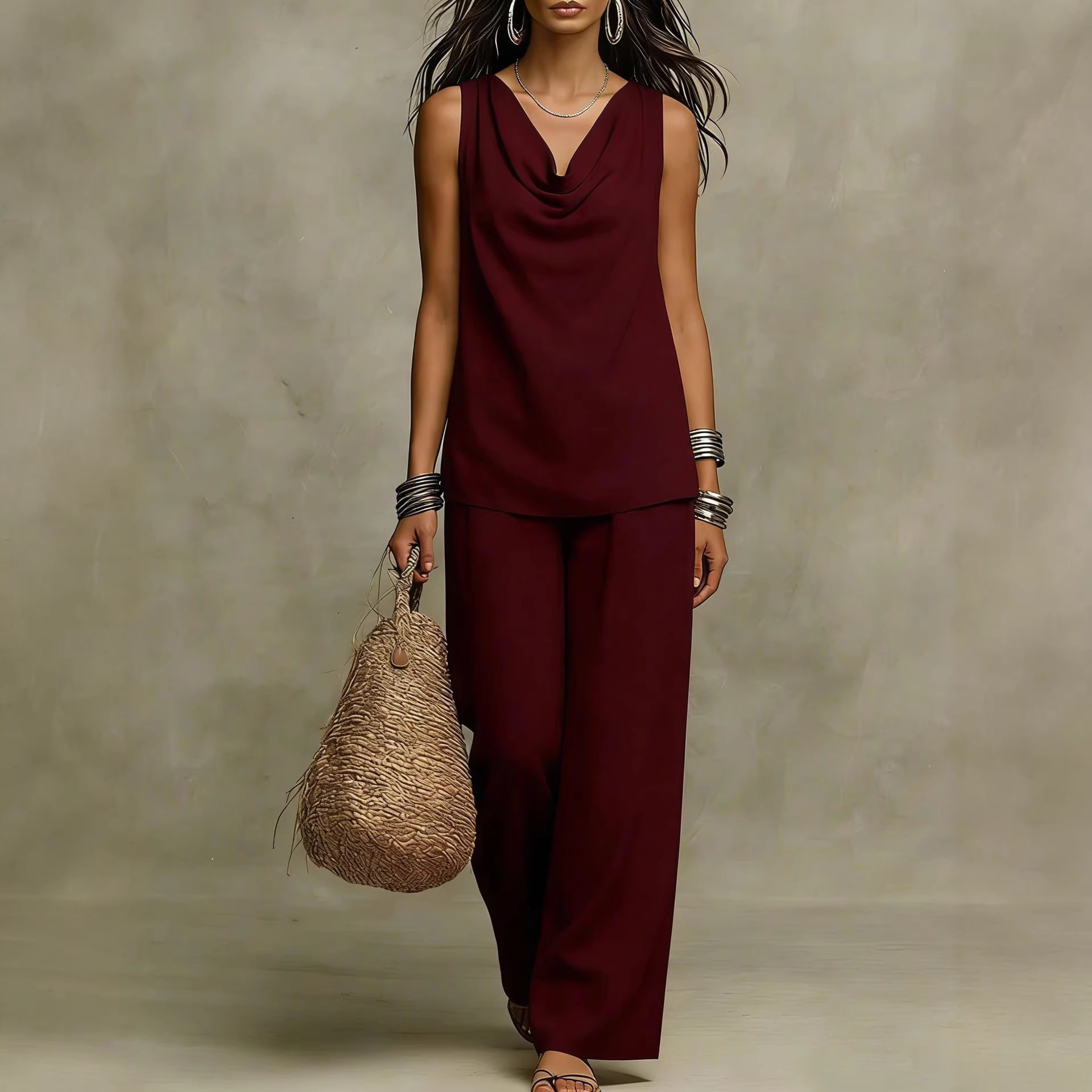 Womens Slash-Neck Sleeveless Tank Top And Casual Pants Set - Image 8