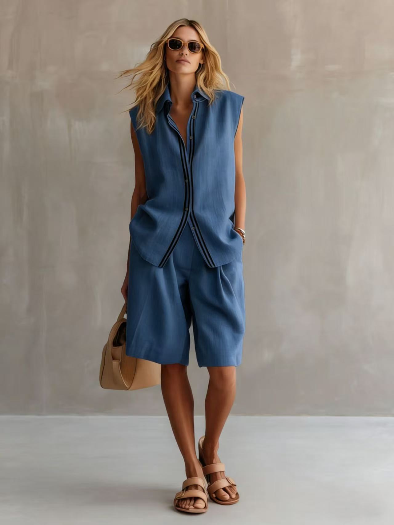 Single-breasted Sleeveless Linen Shirt And Shorts Set - Image 7