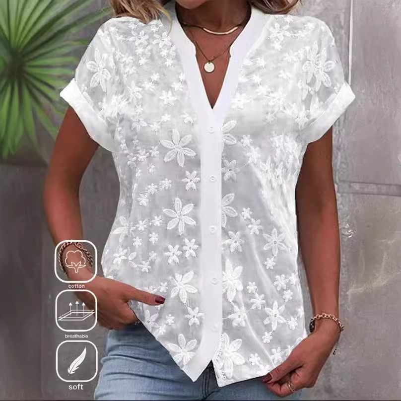 Summer Simplicity Casual V-neck Solid Color Shirt For Women - Image 2