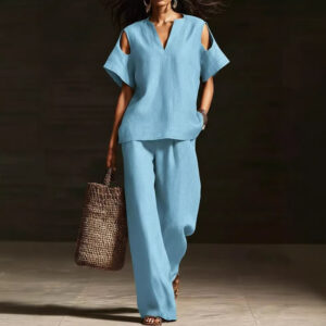 Womens Solid-Colored V-Neck Straight-Leg Pants Short-Sleeve Set With Ripped Details