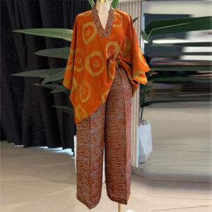 Sweet And Fresh V-Neck Batwing Sleeve High-Waist Straight-Leg Pants