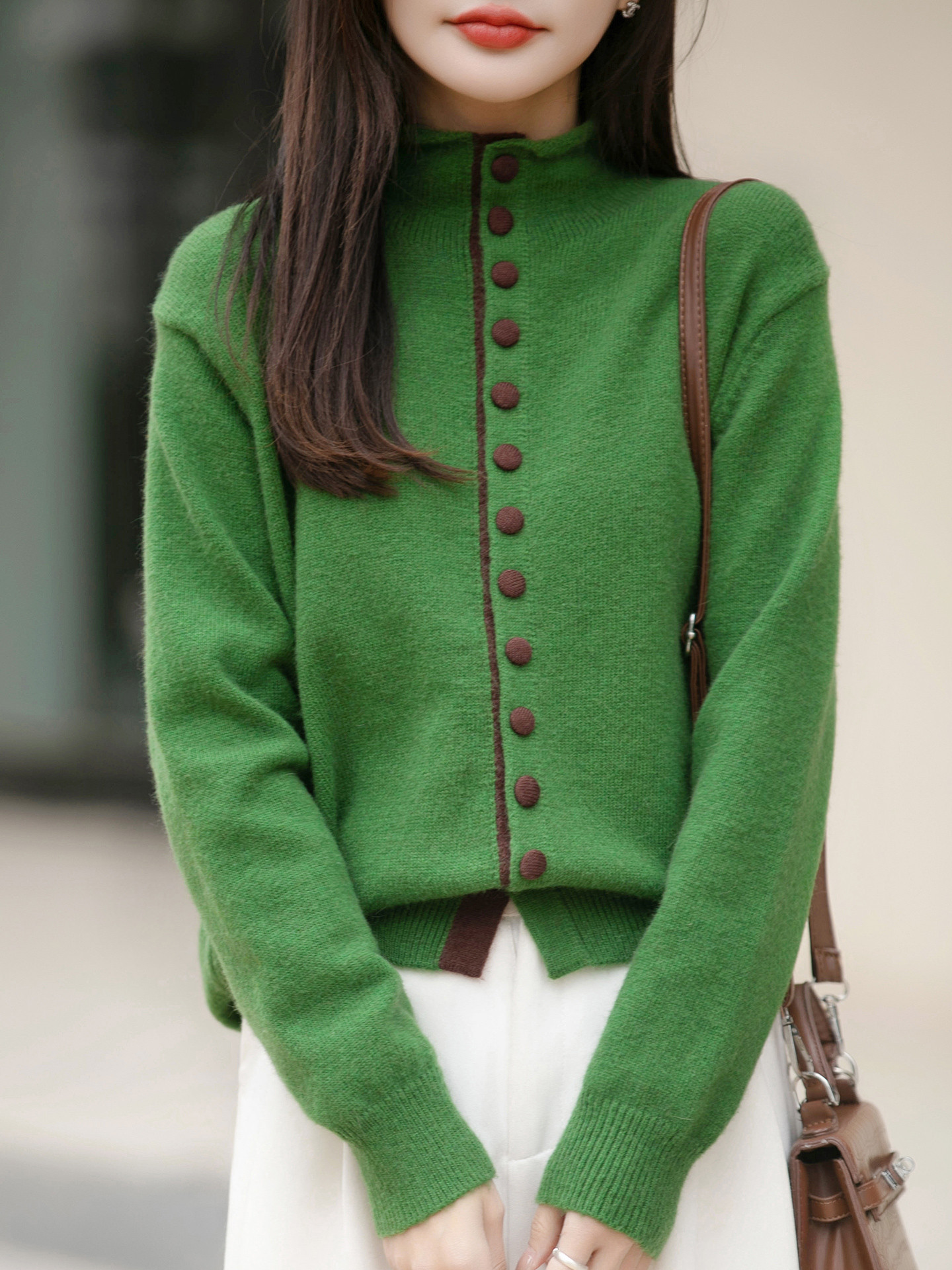 Old Money Style Color-Block Knitted Cardigan Womens Chic Contrasting Color Sweater Coat - Image 9