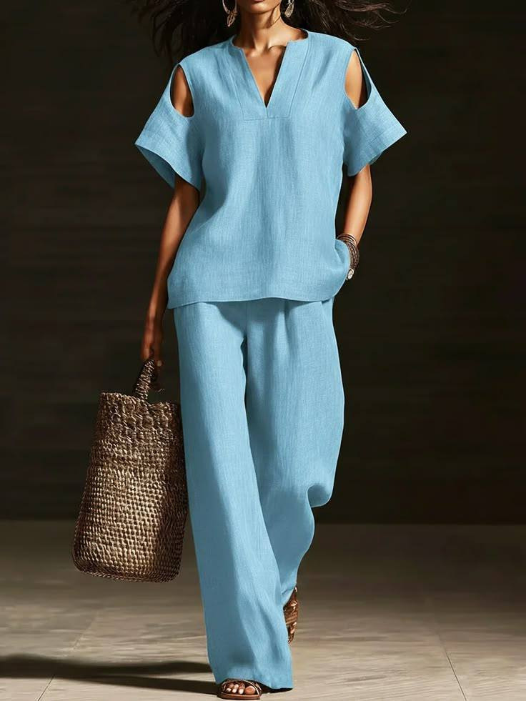 Womens Solid-Colored V-Neck Straight-Leg Pants Short-Sleeve Set With Ripped Details - Image 9
