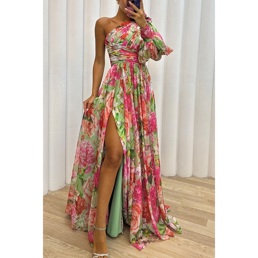 Floral Print Split Maxi Dress Fashion Sexy One-shoulder Long-sleeved Dresses Summer Beach Clothing For Women - Image 3