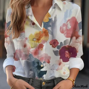 Women's Summer Shirt Digital Printing Plant Flower Pattern